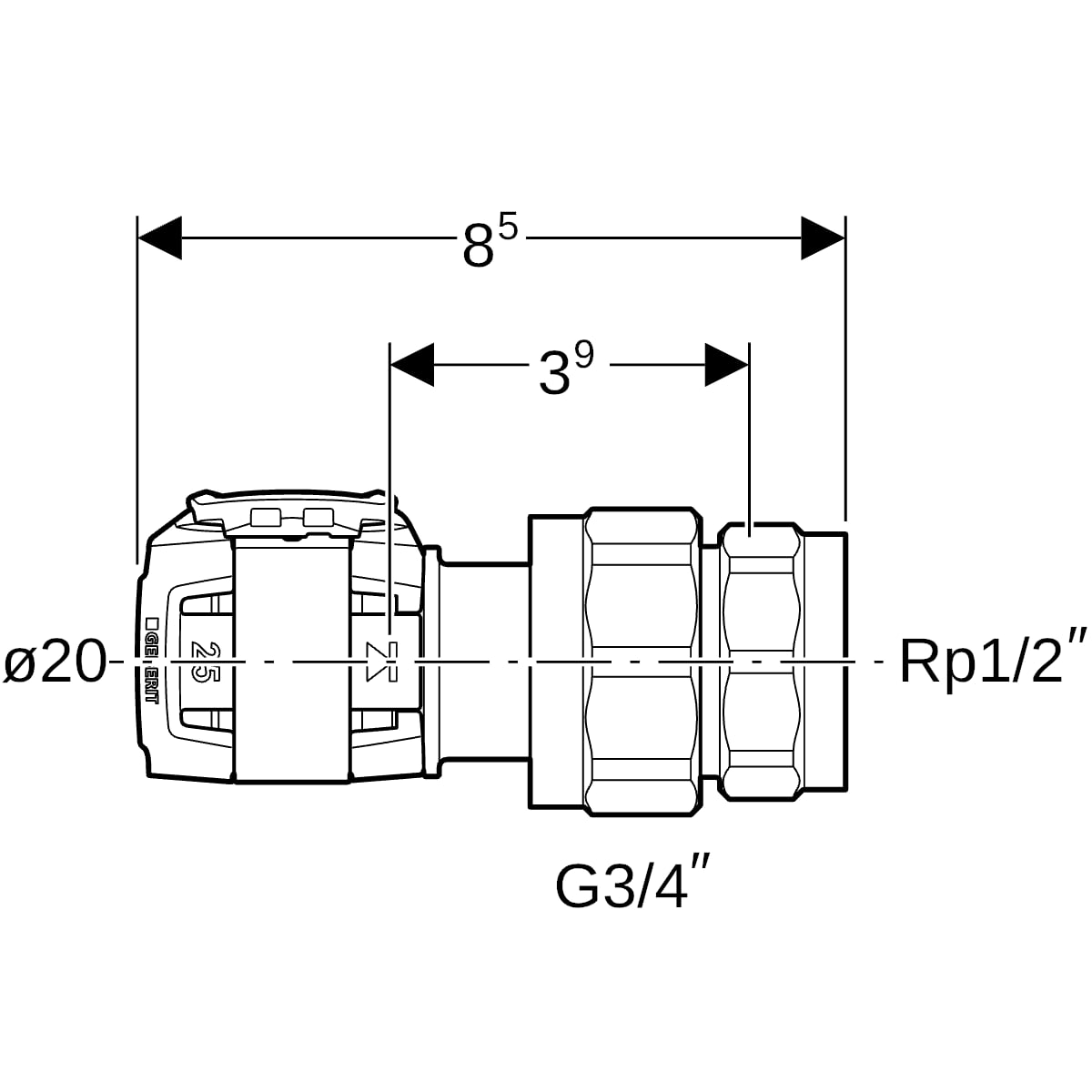 Geberit FlowFit Übergangsverschraubung mit IG SiBr d20-R1/2