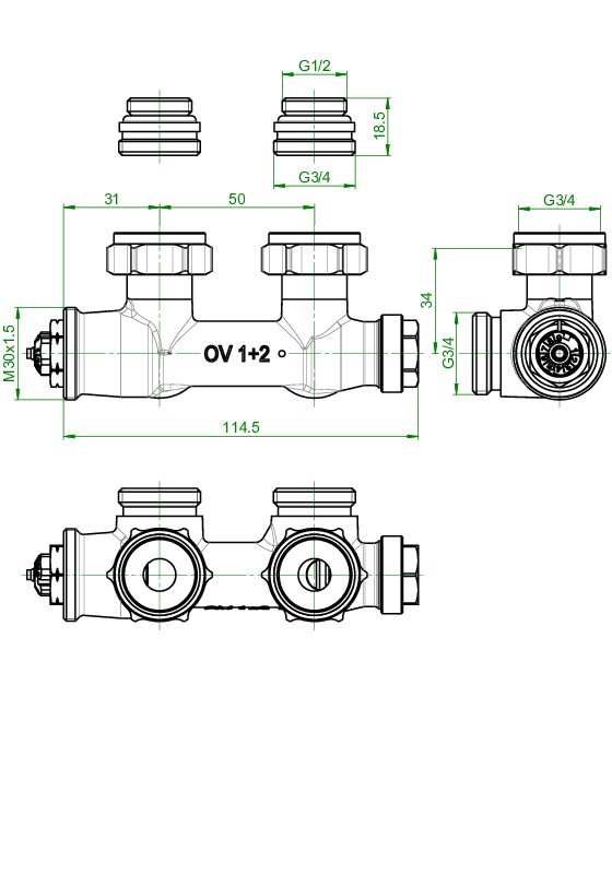 OVENTROP-Anschlussarmatur "Multiblock T" 1/2"AG x 3/4"AG, 1-u.2-Rohr,Messing, Eck OVENTROP-Anschlussarmatur "Multiblock T" 1/2"AG x 3/4"AG, 1-u.2-Rohr,Messing, Eck