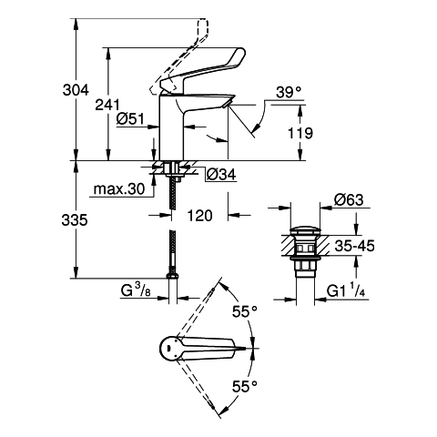 GROHE EH-WT-Batterie Eurosmart 23983_3 M-Size langer Hebel PO-Ablaugrt. chrom