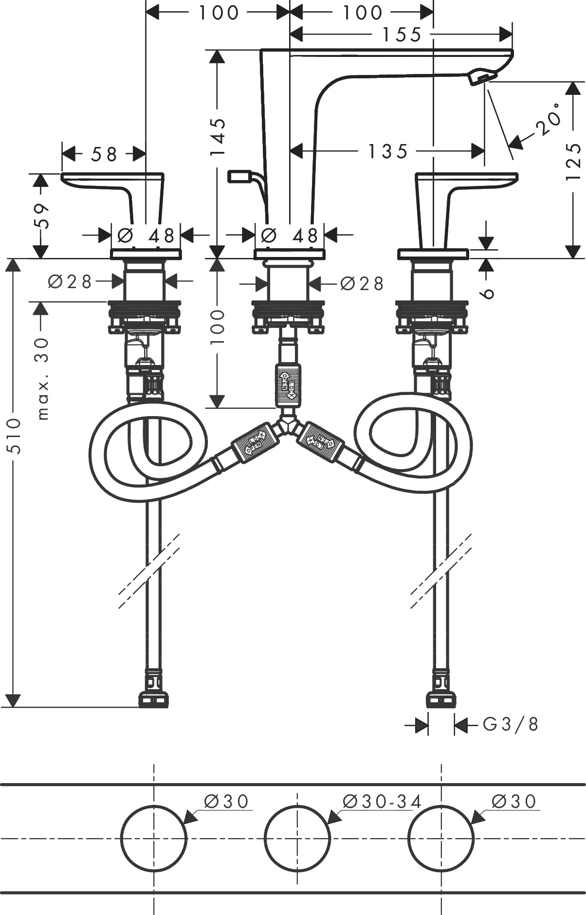 Hansgrohe 3-Loch WTA 125 Axor Citterio C mit Zugstangen Ablaufg.PBC