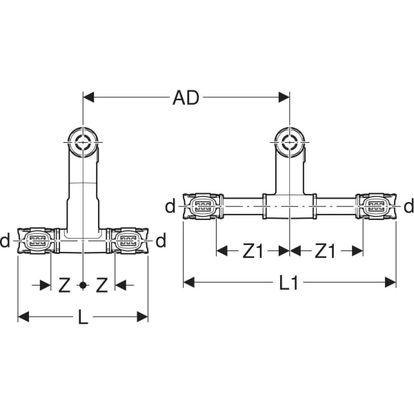 Geberit FlowFit Set Anschluss-T-Stück für Vorl./Rückl. SiBr d20-15-20