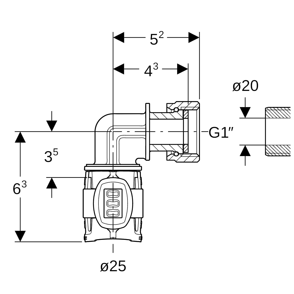Geberit FlowFit Übergangsbogen 90Gr mit Überwurfmutter, SiBr d25-G1