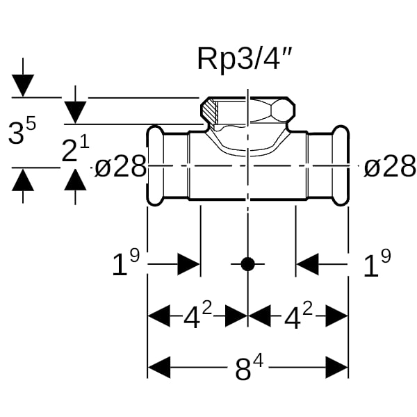 Geberit Mapress Kupfer T-Stück mit IG (Gas) d28-Rp3/4-28