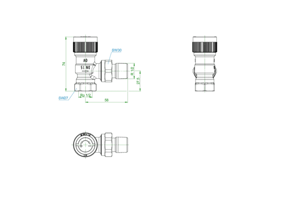 OVENTROP-Thermostatventil "AQH" DN15, Eck