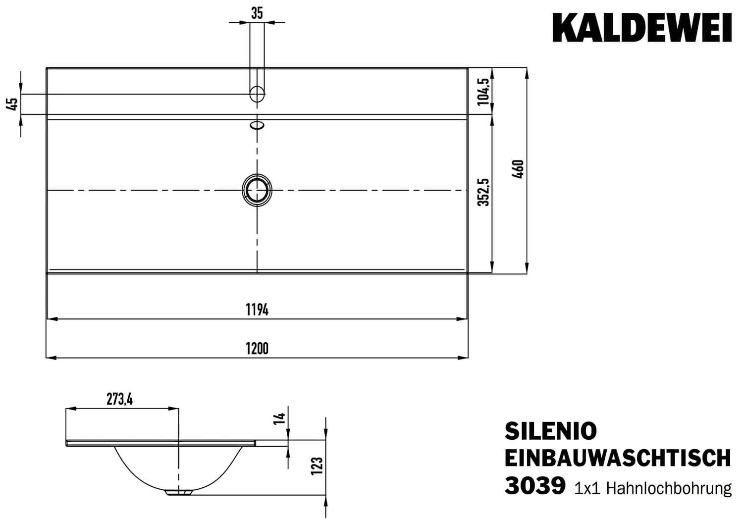 KA WB SILENIO EINBAUWASCHTISCH Mod.3039, 1200x460mm,alpwm,PEFF,AD,m. 1HL,oÜL