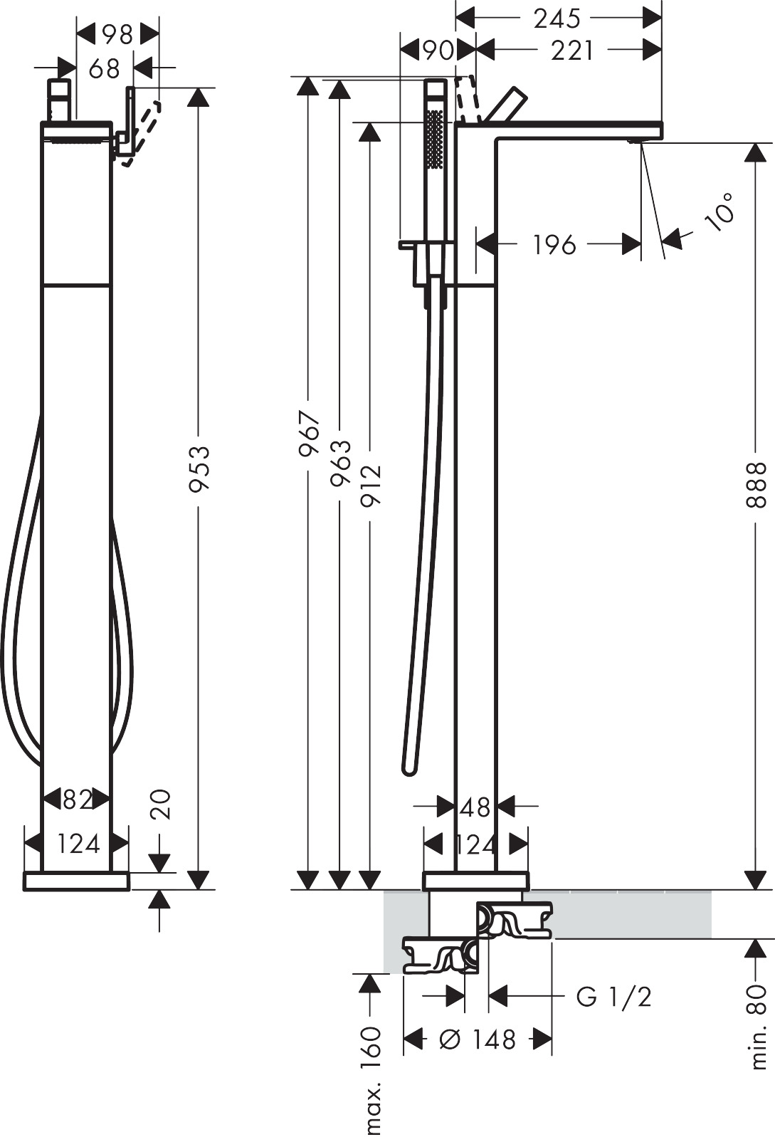 Hansgrohe Wannenmischer Axor MyEdition Fertigset Bodenmontage o.Platte chrom