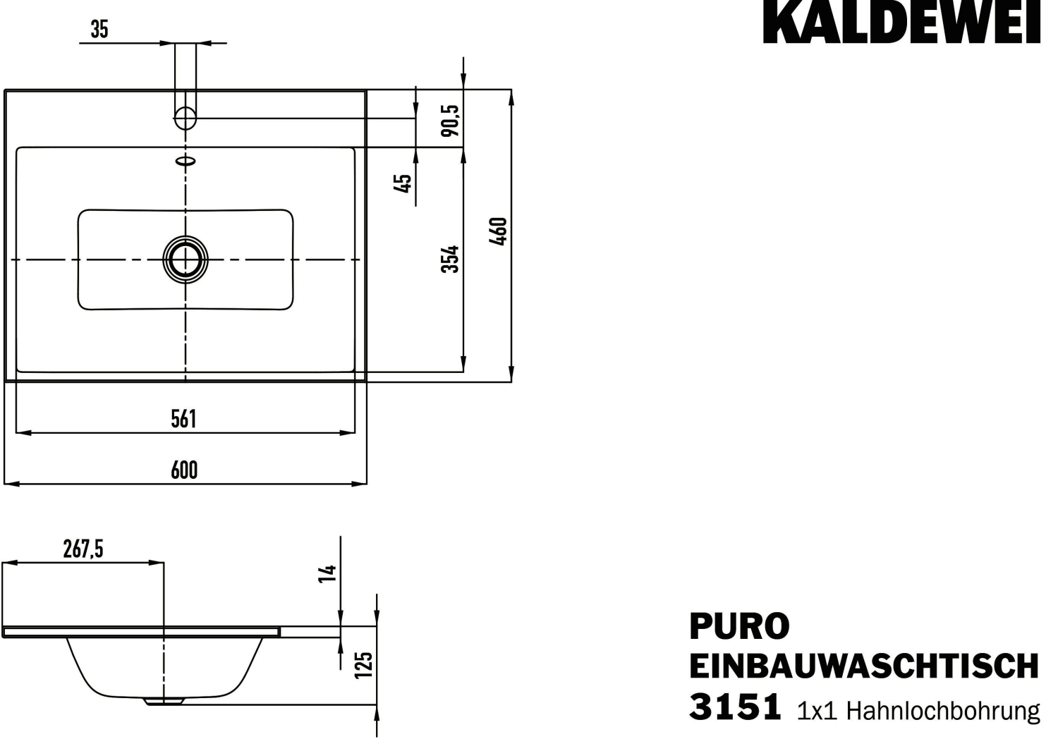 KA WB PURO EINBAUWASCHTISCH Mod.3151,600 x460mm,wg10,PEFF,AD,m. 1HL,mÜL,chr