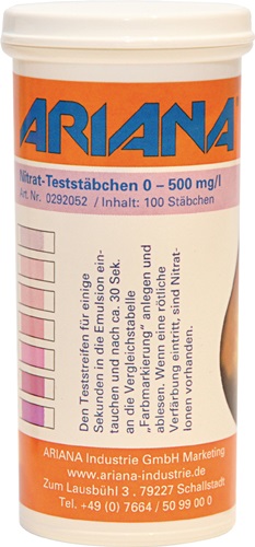Messstäbchen TRGS 611 Nitrat-Gehalt 0-500 mg/l 100 St.Dose ARIANA Messstäbchen TRGS 611 Nitrat-Gehalt 0-500 mg/l 100 St.Dose ARIANA
