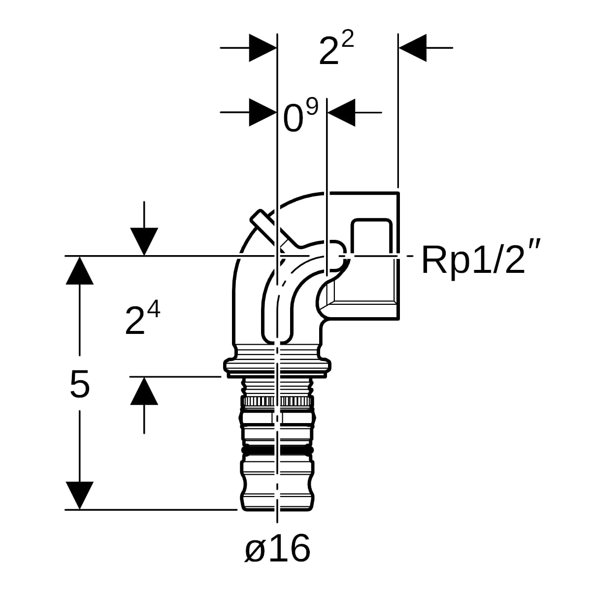 Geberit Mepla Übergangsbogen 90Gr mit IG d16-Rp1/2"