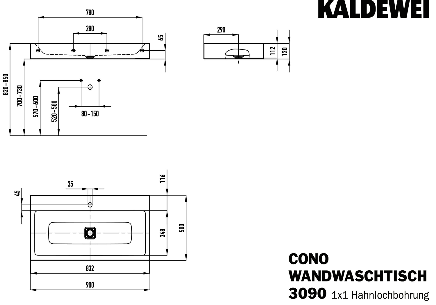 KA WB CONO WANDWASCHTISCH Mod.3090,900x 500mm,pergamon,PEFF,AD,m. 1HL,oÜL