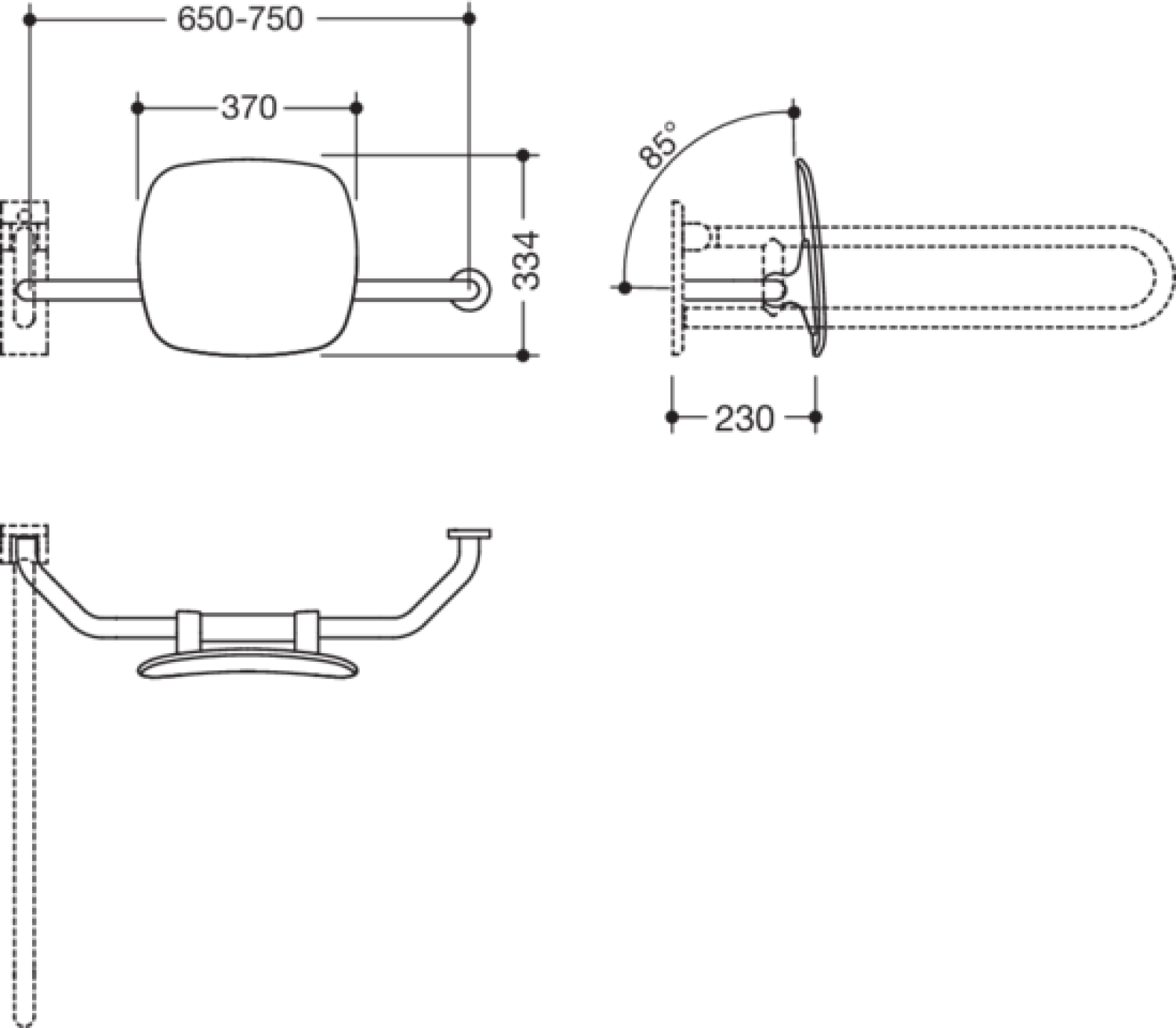 HEWI Rückenstütze Fb 92, WA 230mm,rechts zur Befest.an Wand-/SK-Griff reinweiß