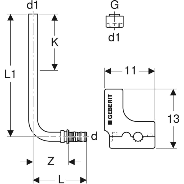 Geberit Mepla Metallrohr-Anschlussbogen 90Gr mit Anschlussverschraubung d20-15-L30