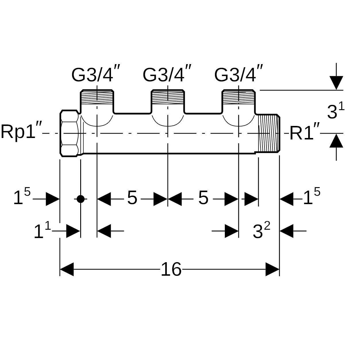 Geberit Verteiler m. GW-Anschl. und Abgang f. Eurokonus, 3 Abgänge, SiBr, R1 - G3/4