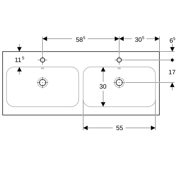 Geberit iCon Light Doppelwaschtisch 120x48cm mit Hahnloch, mit Überlauf, weiß