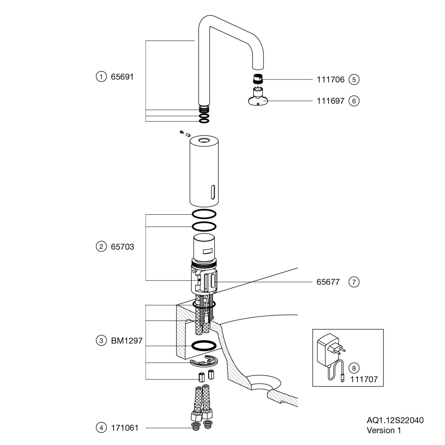 HEWI SENSORIC Waschtischarmatur elektr., verchr, Rundrohr, Netzbetrieb