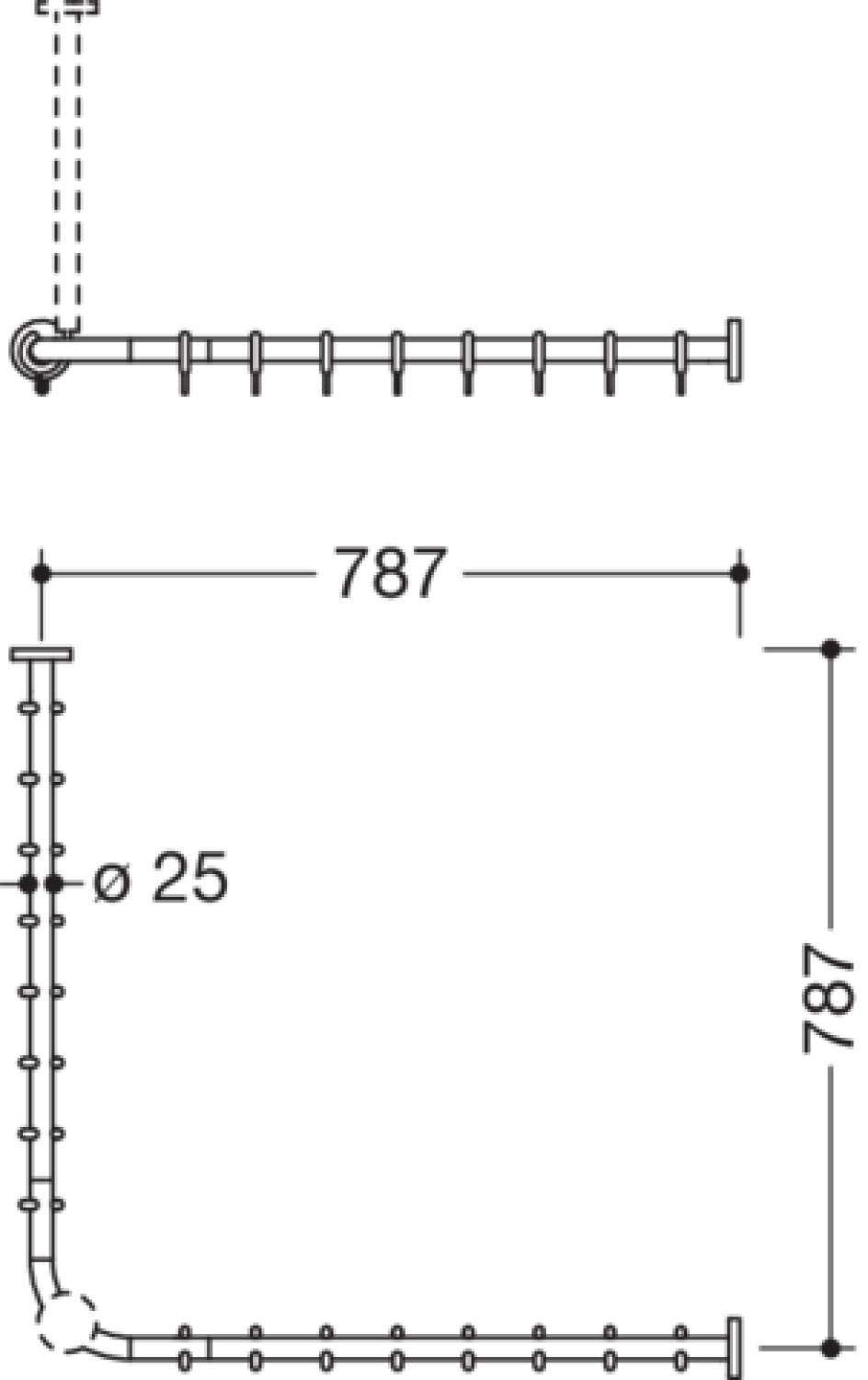 HEWI VH-Stange, d:25, A1/A2=787, 16 Ringe, schliff