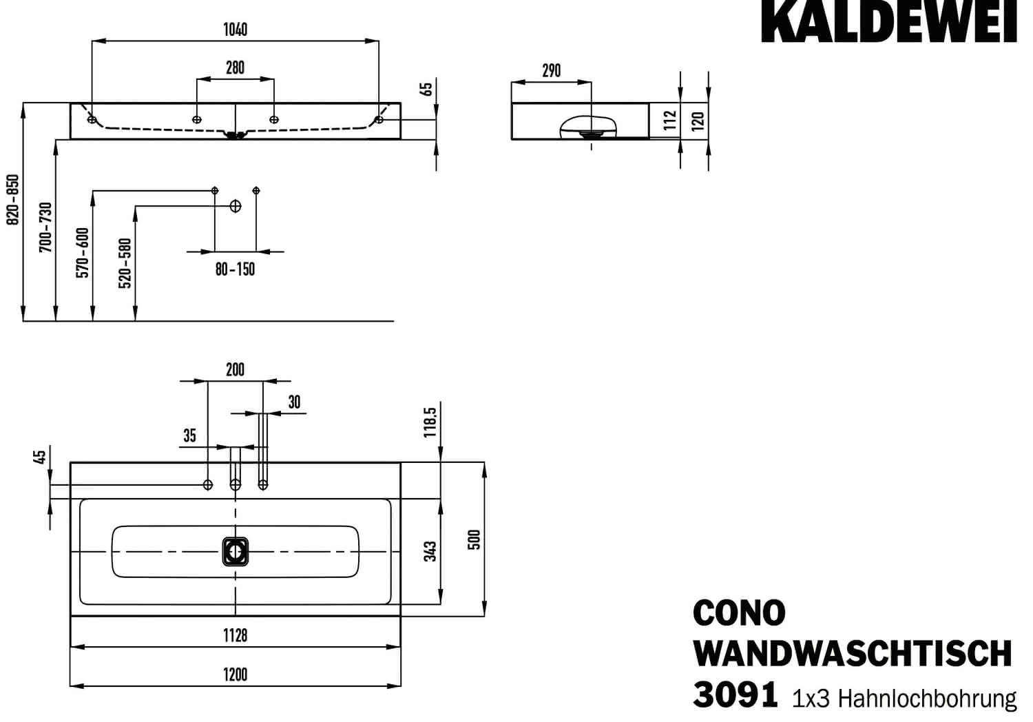 KA WB CONO WANDWASCHTISCH Mod.3091,1200x 500mm,alpinweiß,PEFF,AD,m. 3HL,oÜL