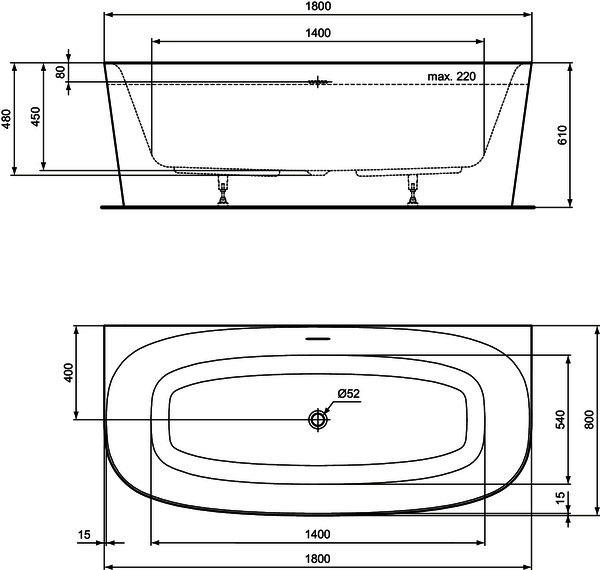 IS D-Form-Badewanne DEA f.Wandanbindung, m.Ablauf, 1800x800x475/610mm, Weiß