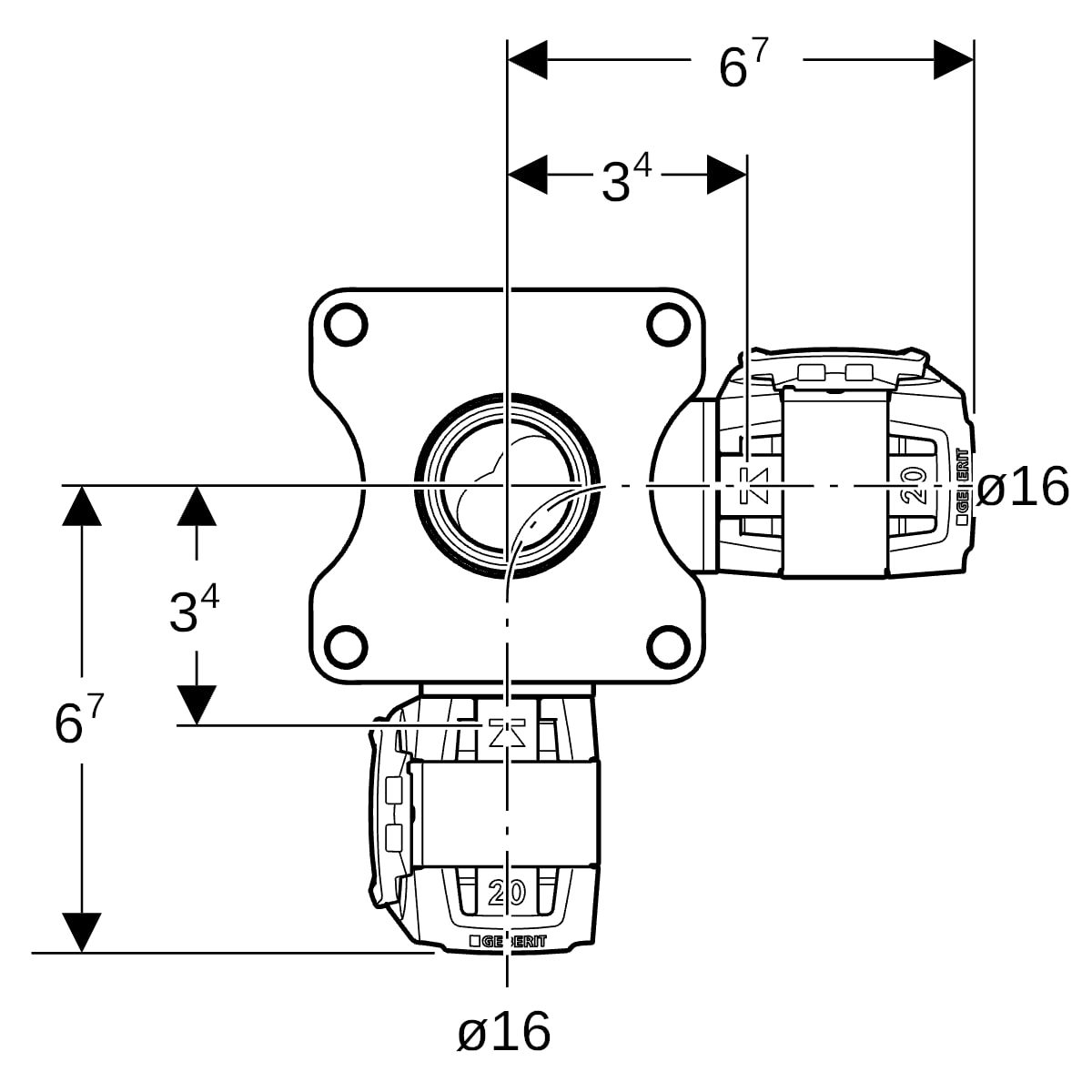 Geberit FlowFit Eckwanddurchführung 90Gr RG+ d16-Rp1/2-d16