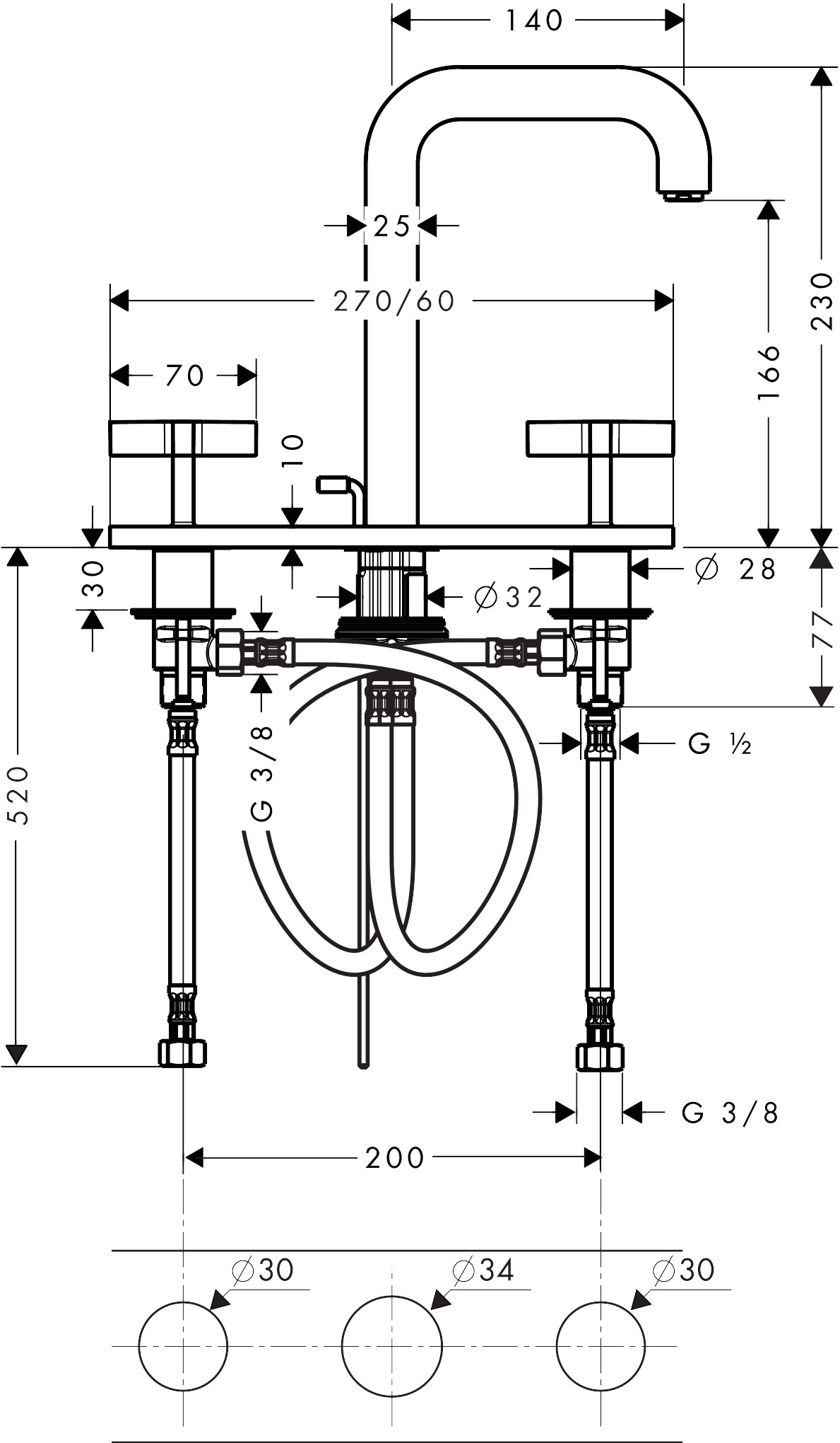Hansgrohe 3-Loch Waschtischarmatur Axor Citterio BRG mit Platte u.Kreuzgriffen