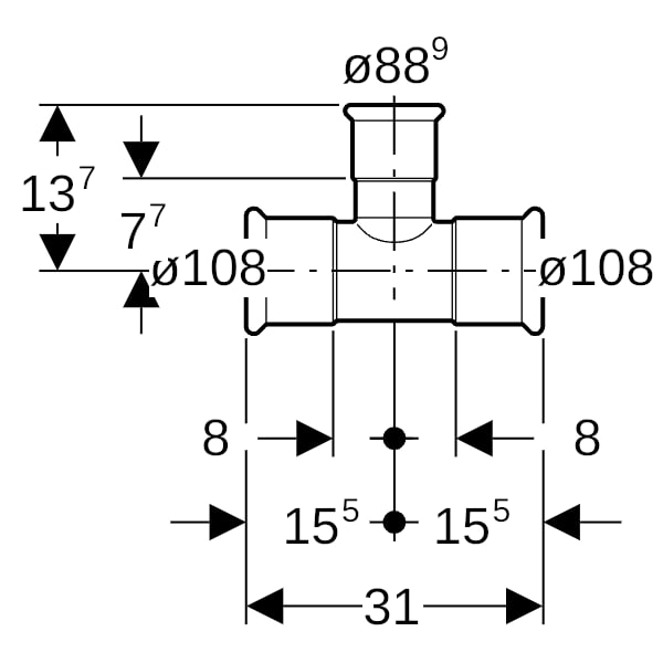 Geberit Mapress Edelstahl T-Stück reduziert (LABS-frei) d108-88,9-108