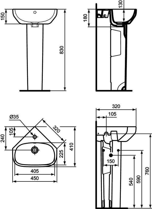 IS Eckwaschtisch i.life A 1 Hl. m.Ül. 450x410x150mm Weiß