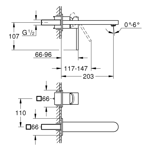 GROHE 2-L-WT-Wandbatterie Plus 29306_3 FMS für 23200 Ausladung 203mm chrom