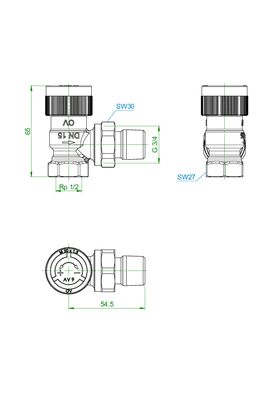 OVENTROP-Thermostatventil "RFV 9" DN15, R 1/2 AG, PN10, Eck