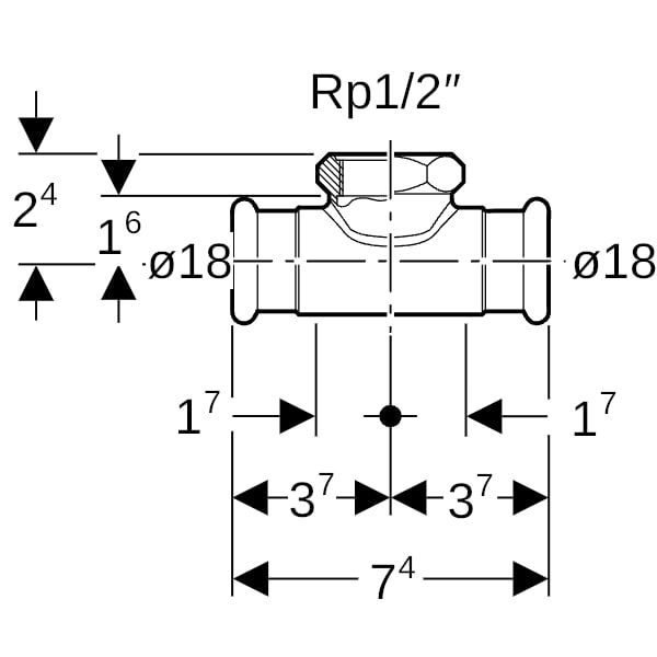 Geberit Mapress Kupfer T-Stück mit IG (Gas) d18-Rp1/2-18