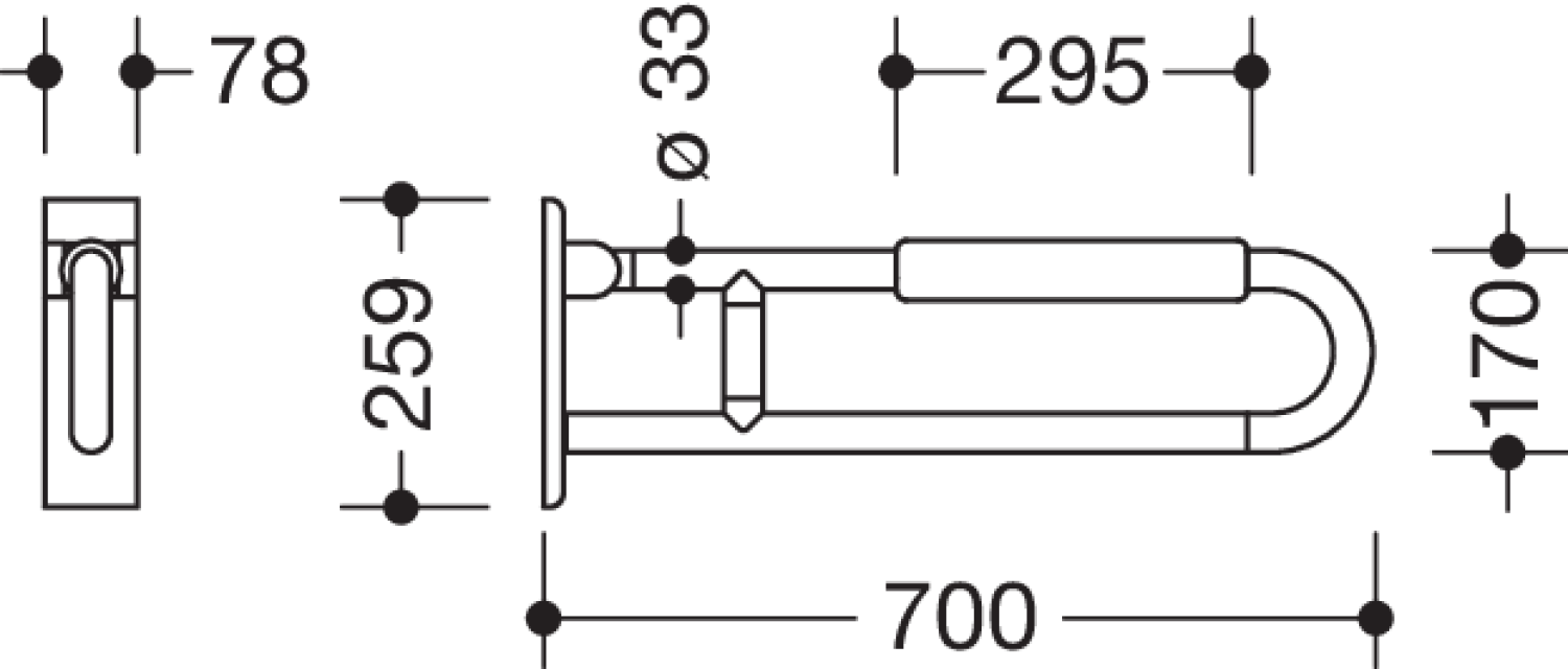 HEWI Stützklappgriff drehb. Ser 801, L:700mm, mit Armpolster stahlblau