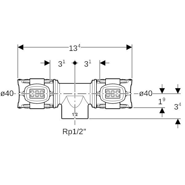Geberit FlowFit T-Stück mit Innengewinde Rg+ d40-Rp1/2-40