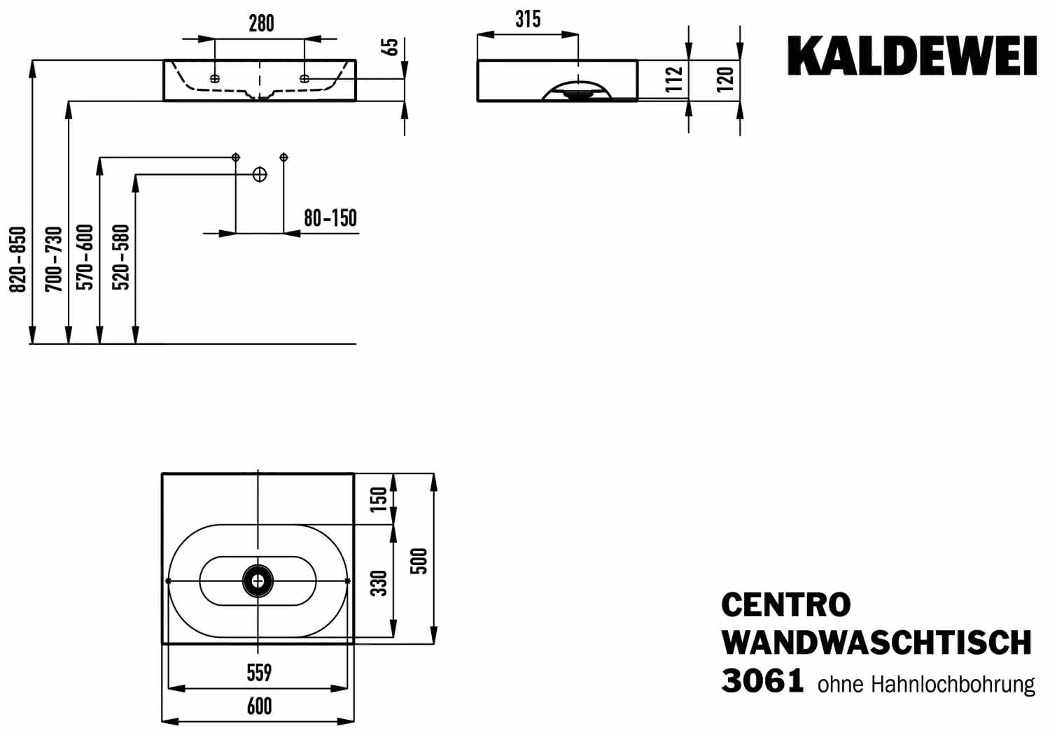 KA WB CENTRO WANDWASCHTISCH Mod.3061,600 x500mm,alpinweiß,Perl-Effekt,AD,oÜL