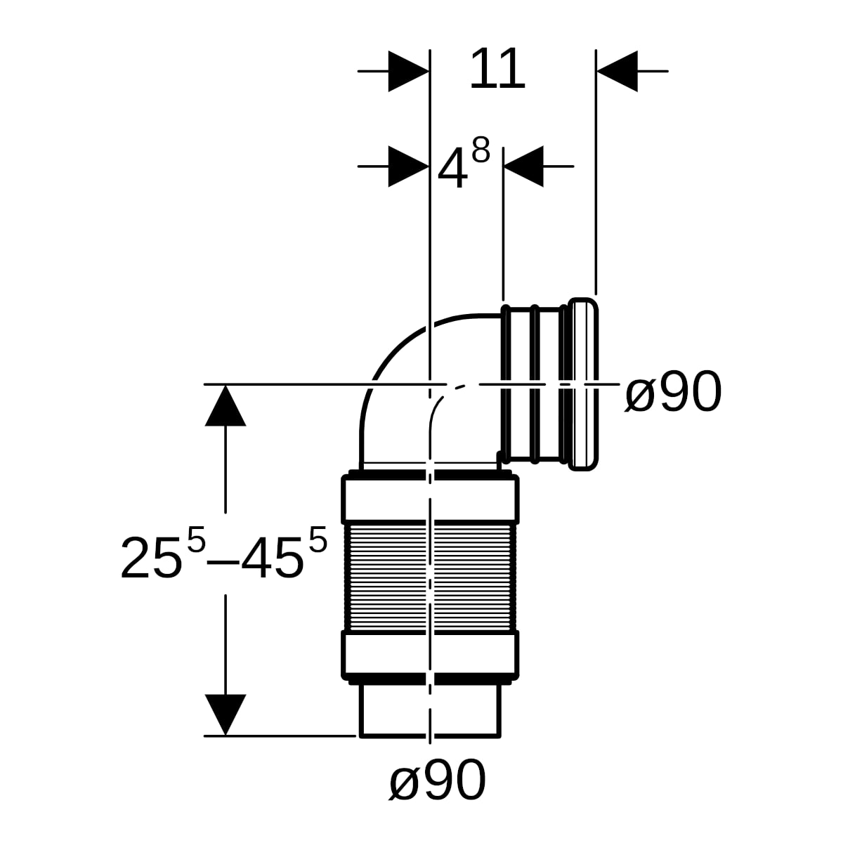 Geberit PE Anschlussbogen 90Gr für Wand-WC ausziehbar d90/90