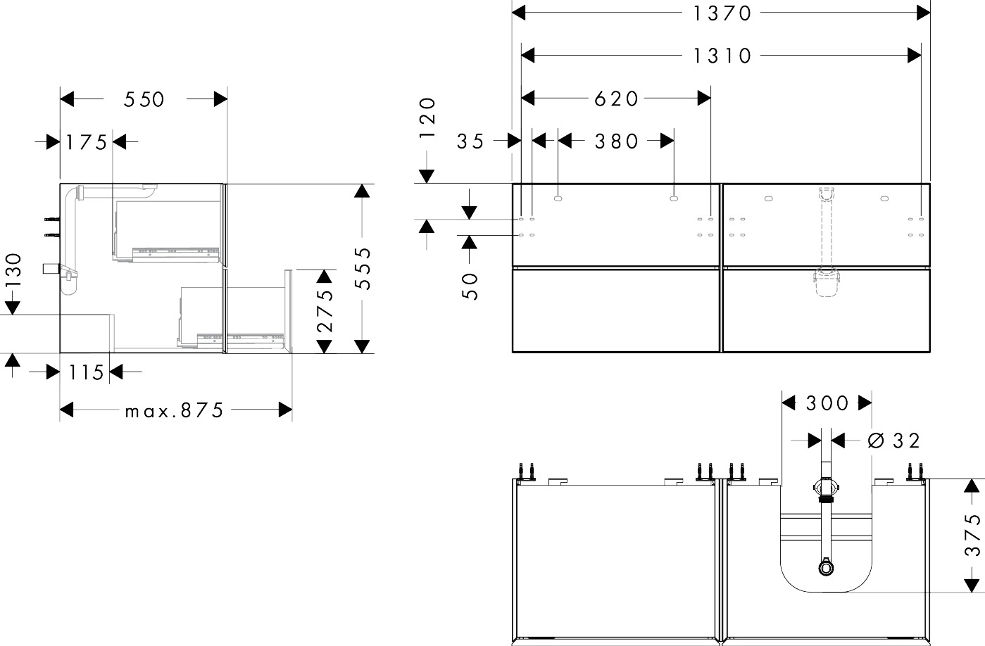 Hansgrohe Waschtischunterschrank Xevolos E MW 1370/550mm m.4SK f.Kons.m. AWT ge re Wme