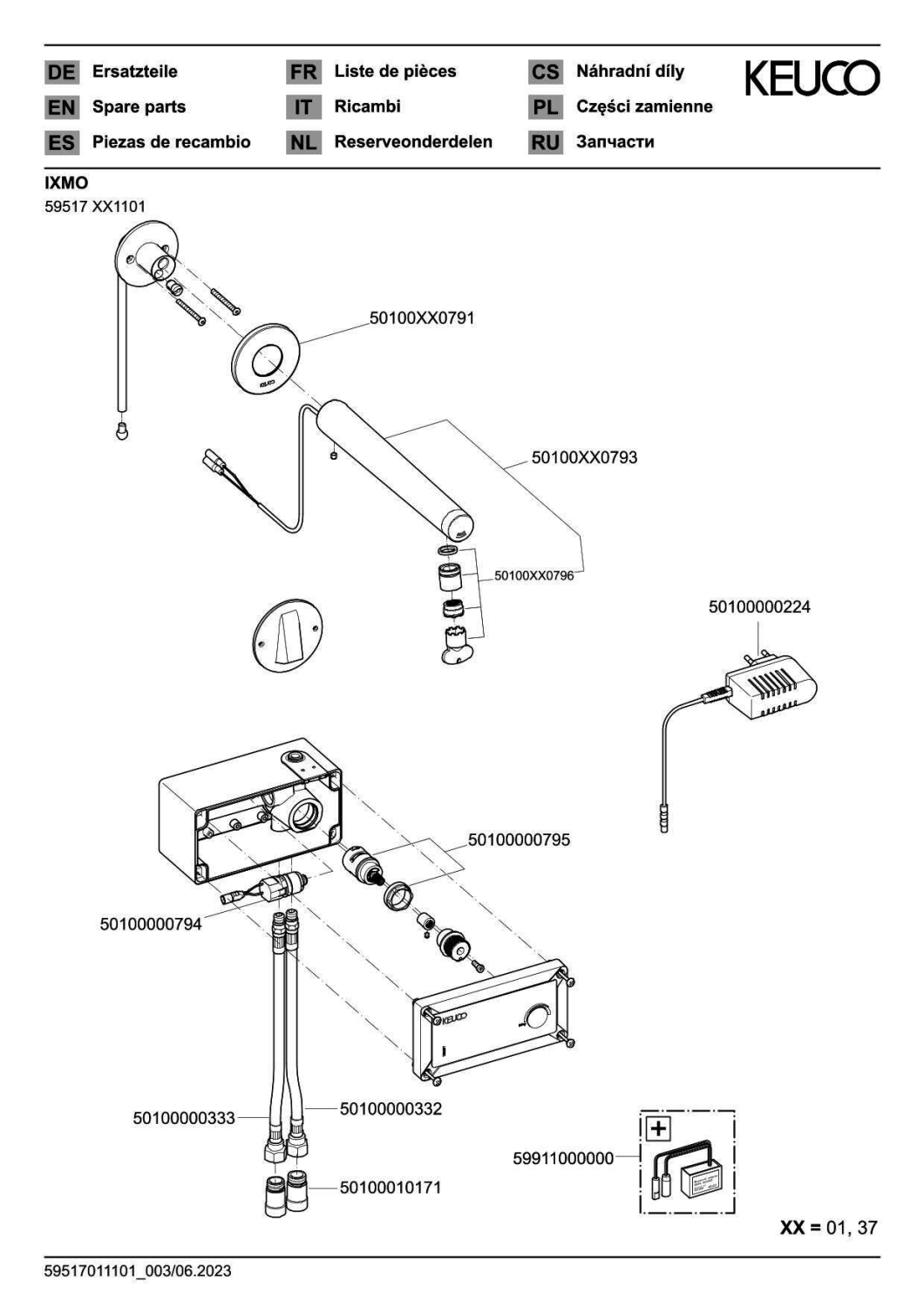 KEUCO Elektronik-WT-Mischer IXMO 59517 Wandm. UP, rd. Ausl.225mm sw