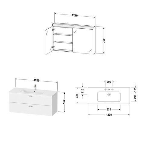 DU XBase Möbel-Set 1230x490mm, WT,WTU m. Schubk.2, Spiegelschr., Graphit Matt