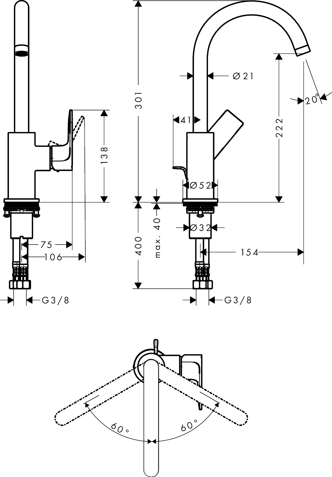 Hansgrohe Einhebel-Waschtischmischer Rebris E 210 Schwenkauslauf m.Zugstange chrom