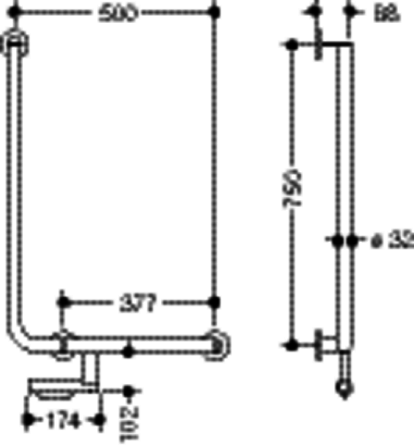 HEWI Winkelgriff, d:32/32, PRH, A1:750, W1:500, re, plvb dgrau tiefmatt
