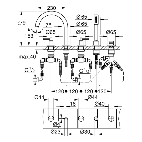 GROHE 5-Loch-Wannen-Kombination Atrio 29407 FMS Hebelgriff cool sunrise geb.