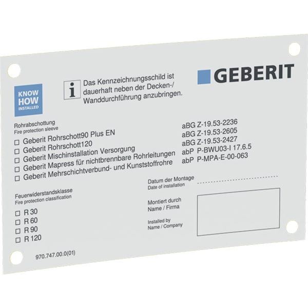 Geberit Kennzeichnungsschild für Rohrabschottungen Geberit Kennzeichnungsschild für Rohrabschottungen