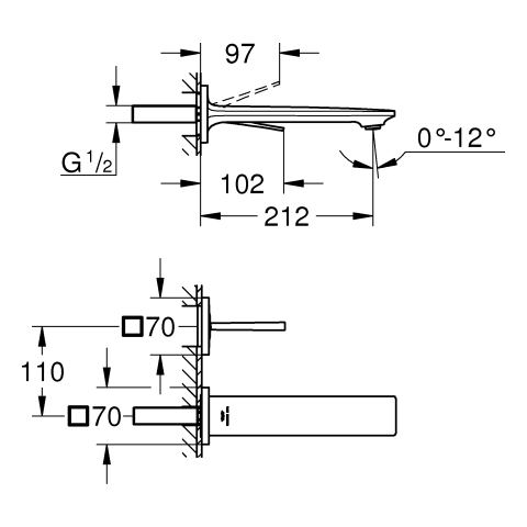 GROHE 2-L-WT-Wandbatterie Allure 19386_2 FMS für 23429 Ausl. 212mm chrom
