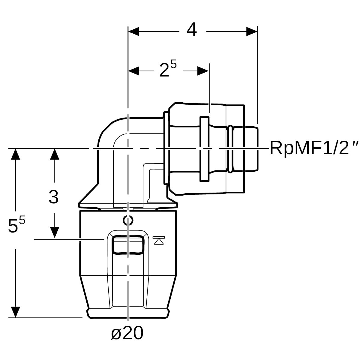Geberit PushFit Übergangswinkel 90G mit MasterFix PVDF d20-MF20