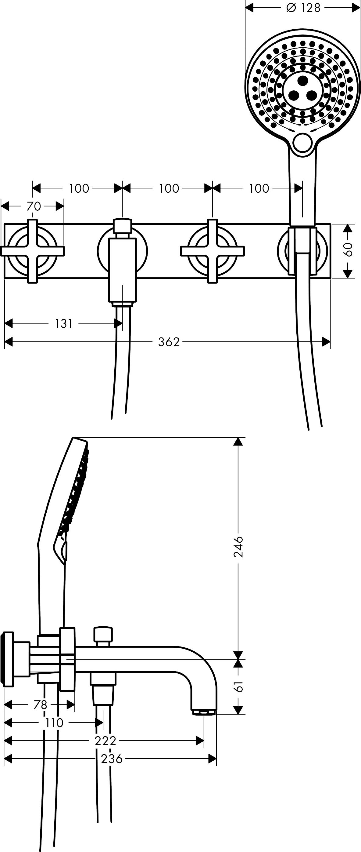 Hansgrohe 3-L.Wannenarmatur Axor Citterio F-Set Wand m.Kreuzgriff/Platte/Handbr.chrom