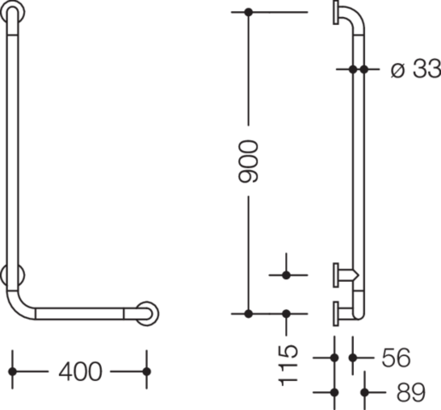 HEWI Winkelgriff Ser 801, d:33, AM:900mm, W:400mm signalweiß