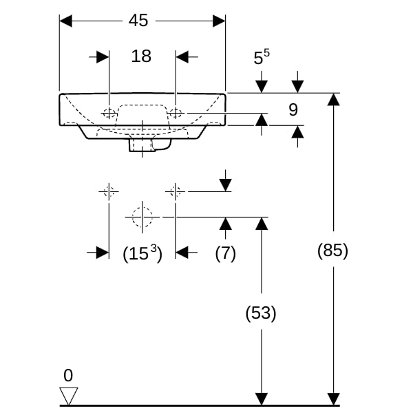 Geberit Smyle Handwaschbecken, eckig, 45x36cm asym., m. Hl., m. Ül., weiß, KeraTect
