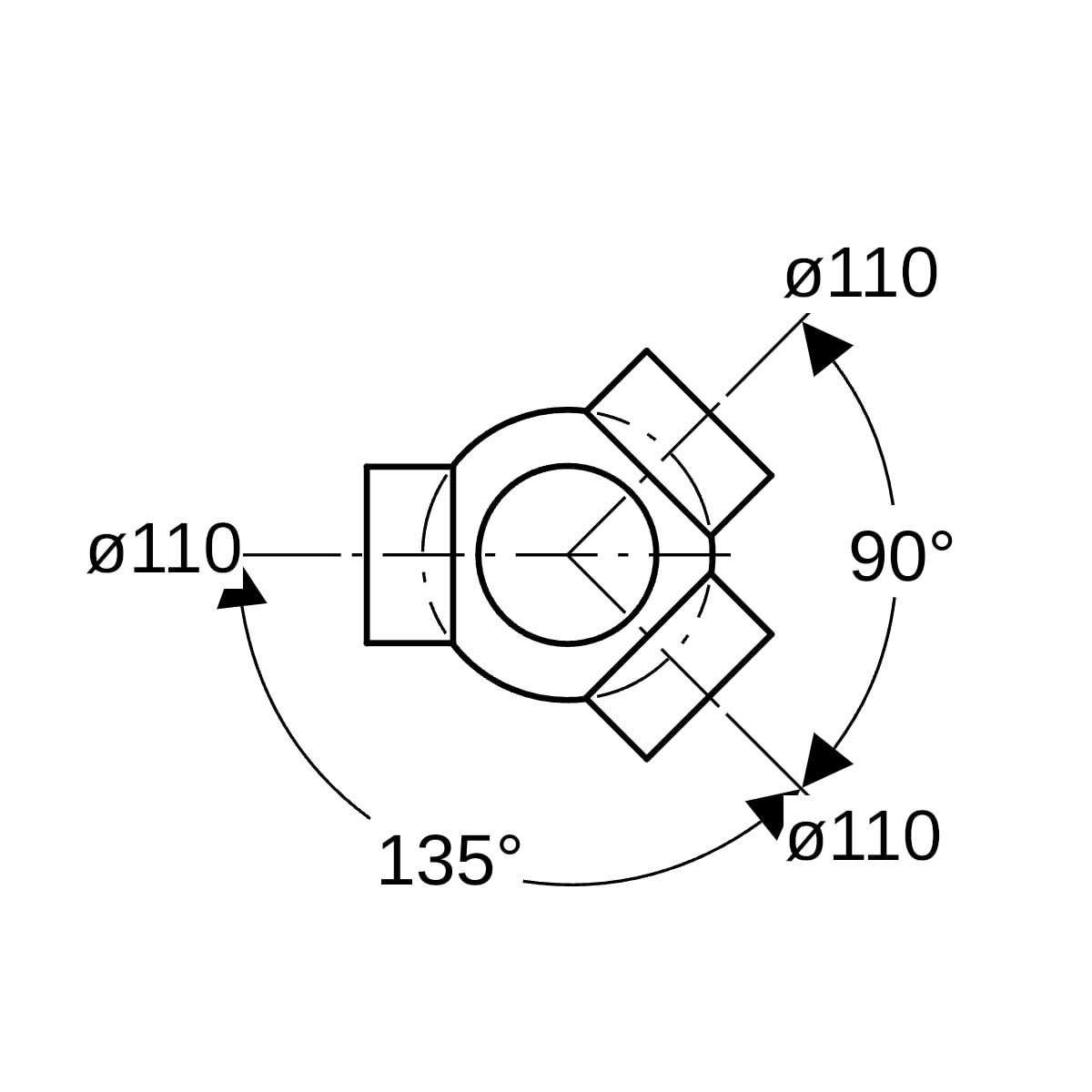 Geberit PE Kugelabzweig 88,5Gr dreifach Anschlüsse 135Gr versetzt d110/110