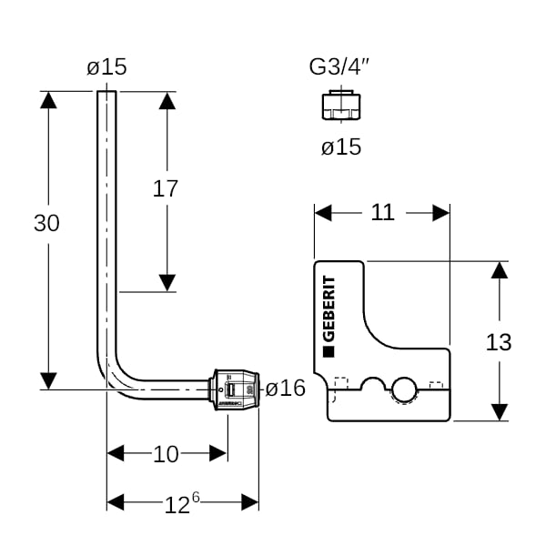Geberit PushFit Metallrohranschlussbogen 90Gr mit Anschlussverschraubung d16-15 L30