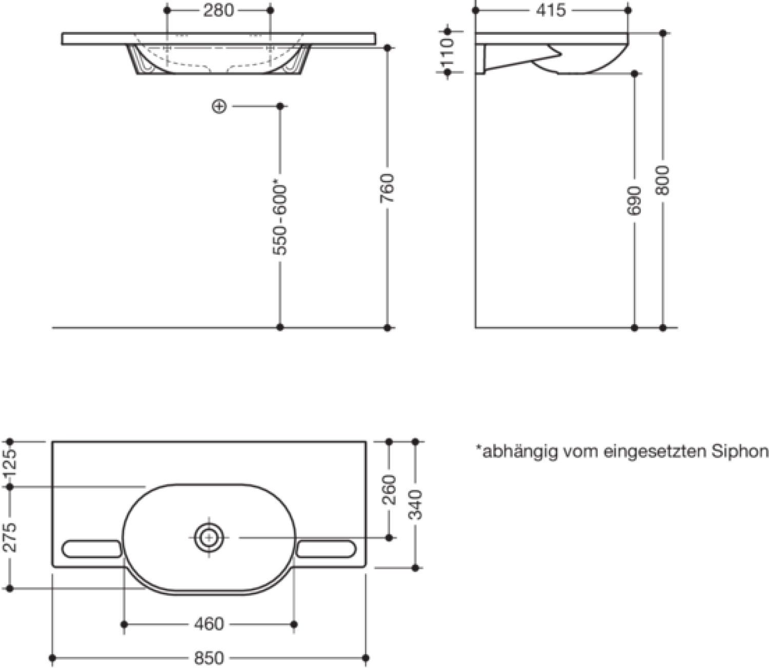 HEWI Waschtisch mit Griffmulden, 850 x 415mm, o. Überlauf, o. Hahnloch