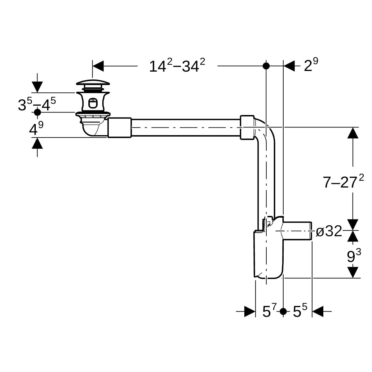 Geberit WT Ablauf d32 Raumsparmodell mit Druckbet. Ventilabstopfen glanzverchromt