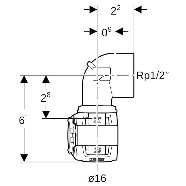 Geberit FlowFit Übergangsbogen 90Gr mit IG Rg+ 90Gr d16-Rp1/2